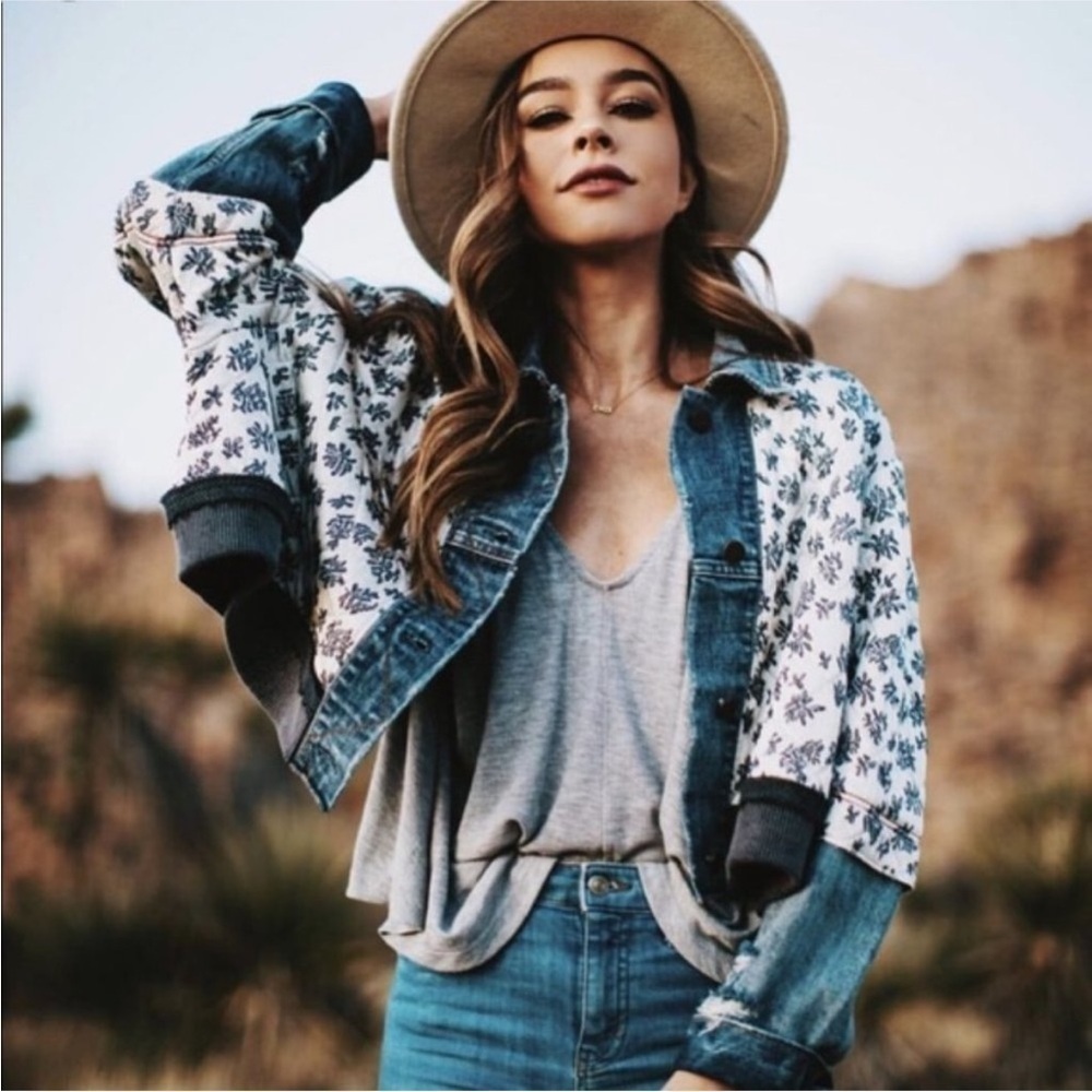 Free People Ditsy Denim Jacket in Denim Combo
